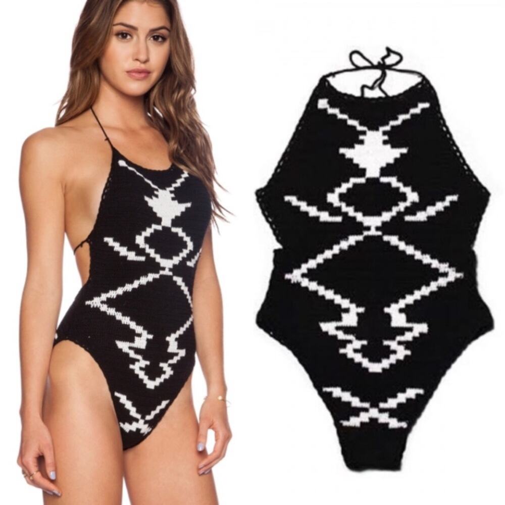 Lovers + Friends No Secrets Black White Crochet one piece size large
